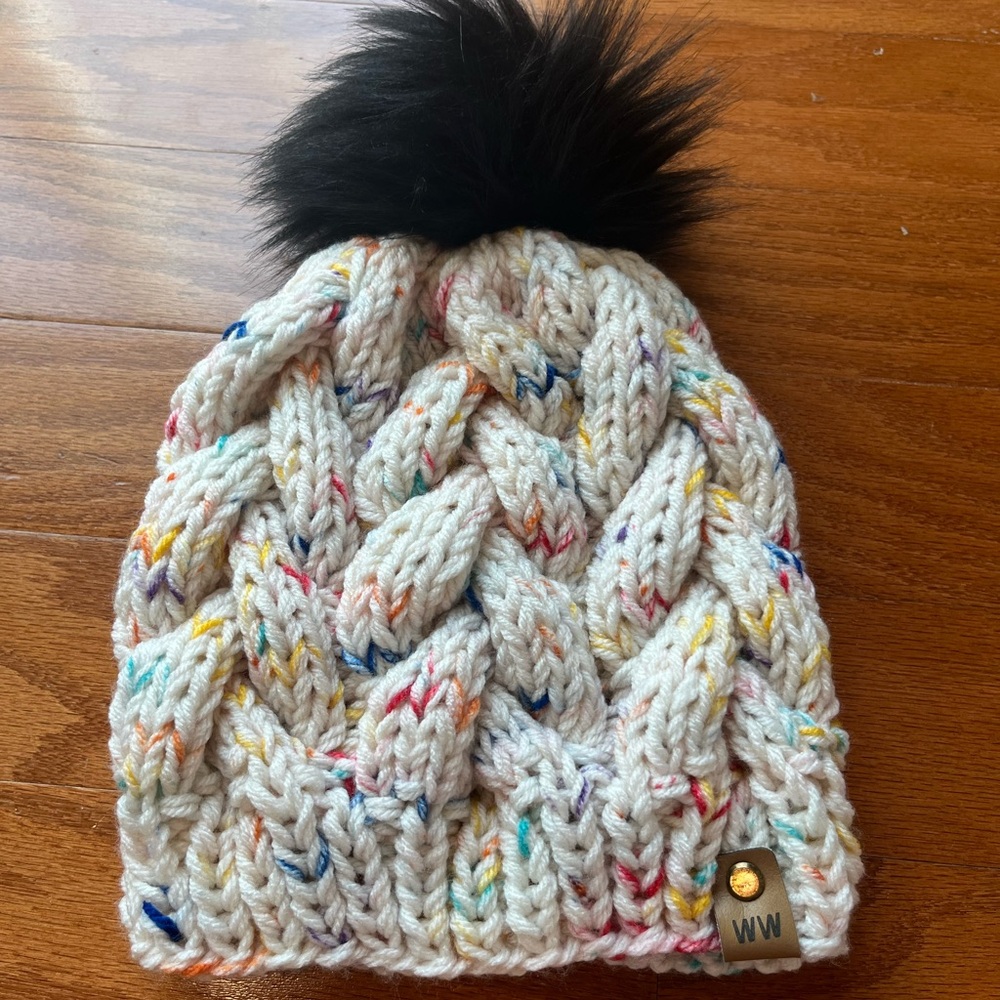 WW Rainbow Knit Beanie with Black Pom-Pom